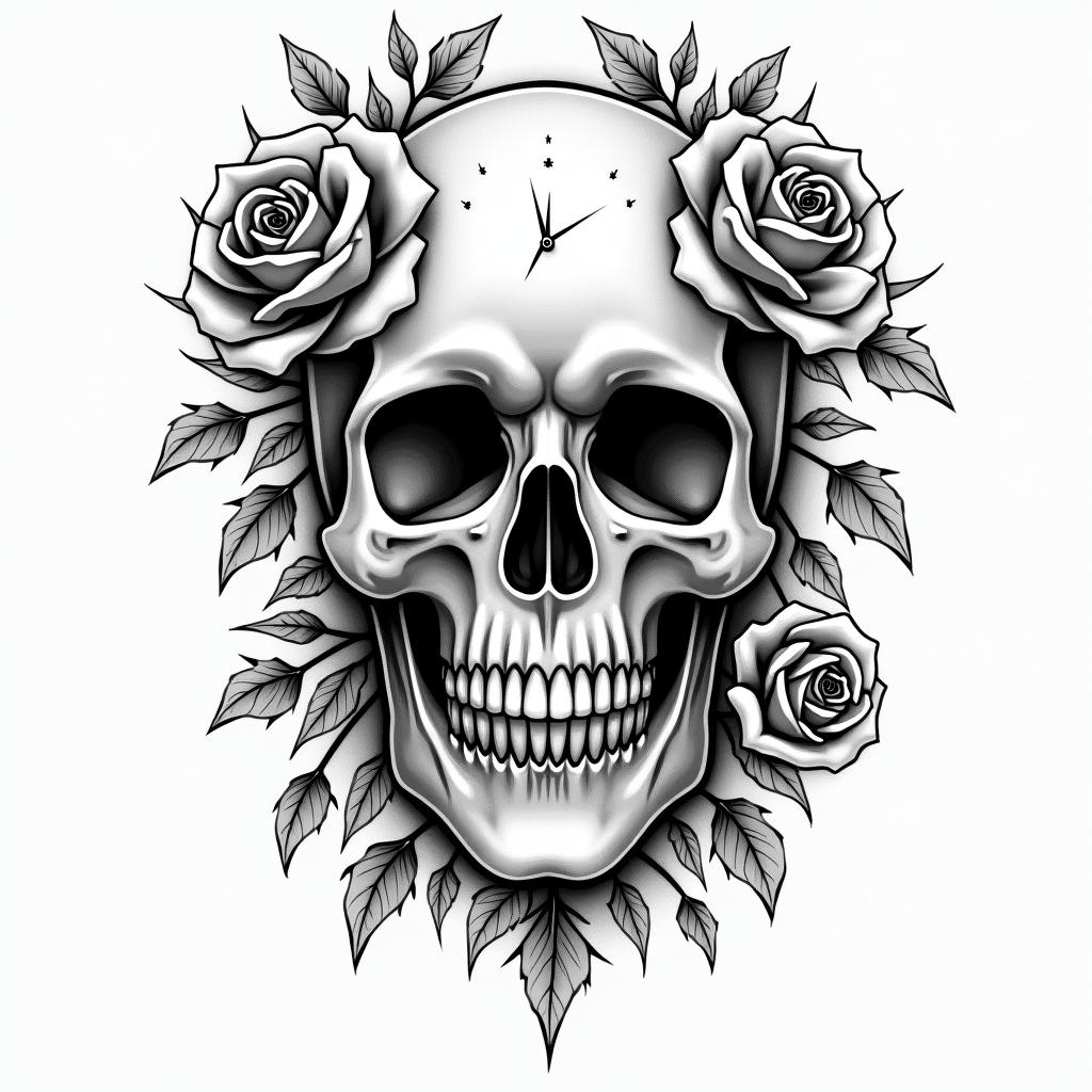 Skull with roses and clock elementstext-based tattoo, japanese font ultra-realistic, perfectly placed, high-quality font design, photo-realistic shading, 8k, high quality, finely detailed typograph - Variation 2