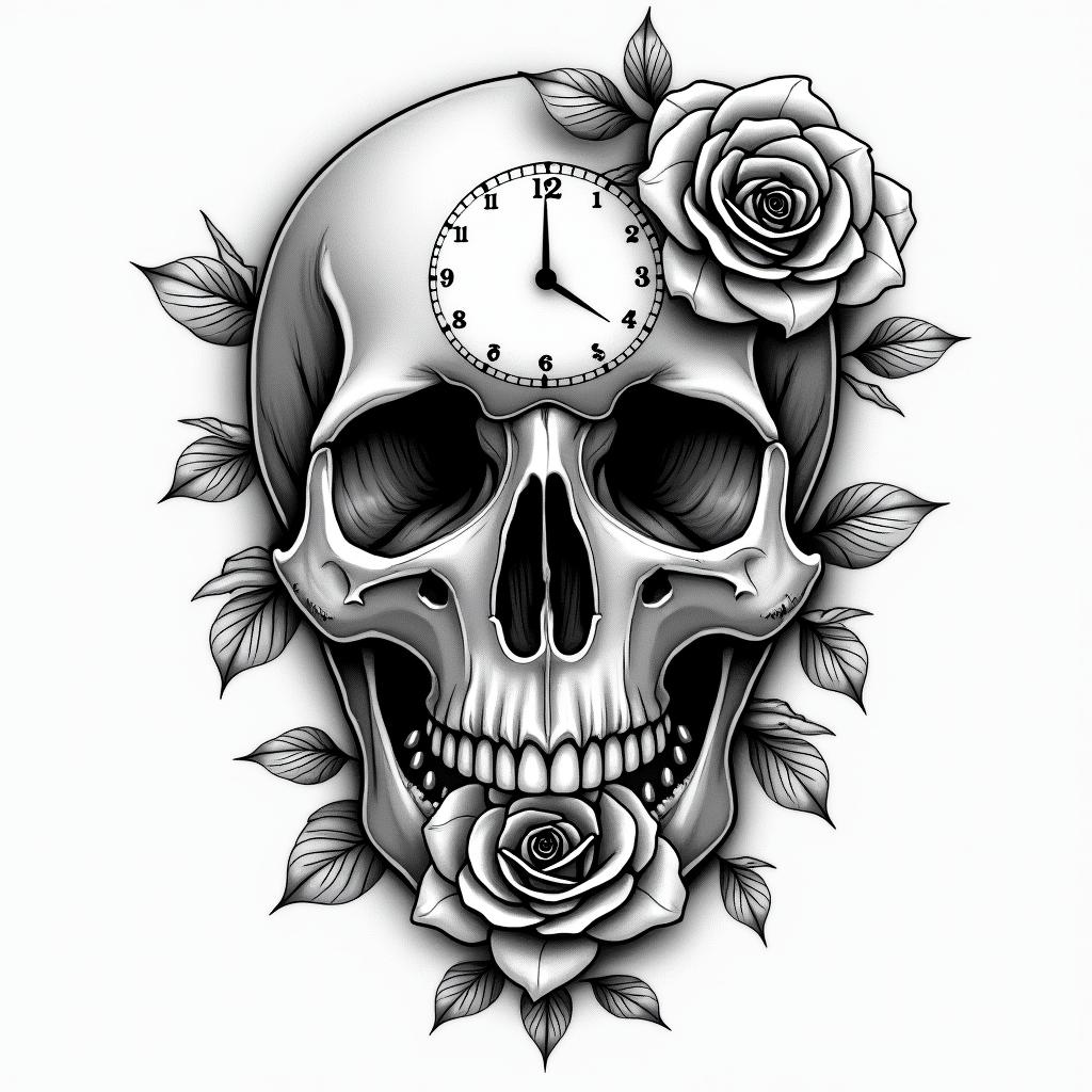 Skull with roses and clock elementstext-based tattoo, japanese font ultra-realistic, perfectly placed, high-quality font design, photo-realistic shading, 8k, high quality, finely detailed typograph - Variation 7