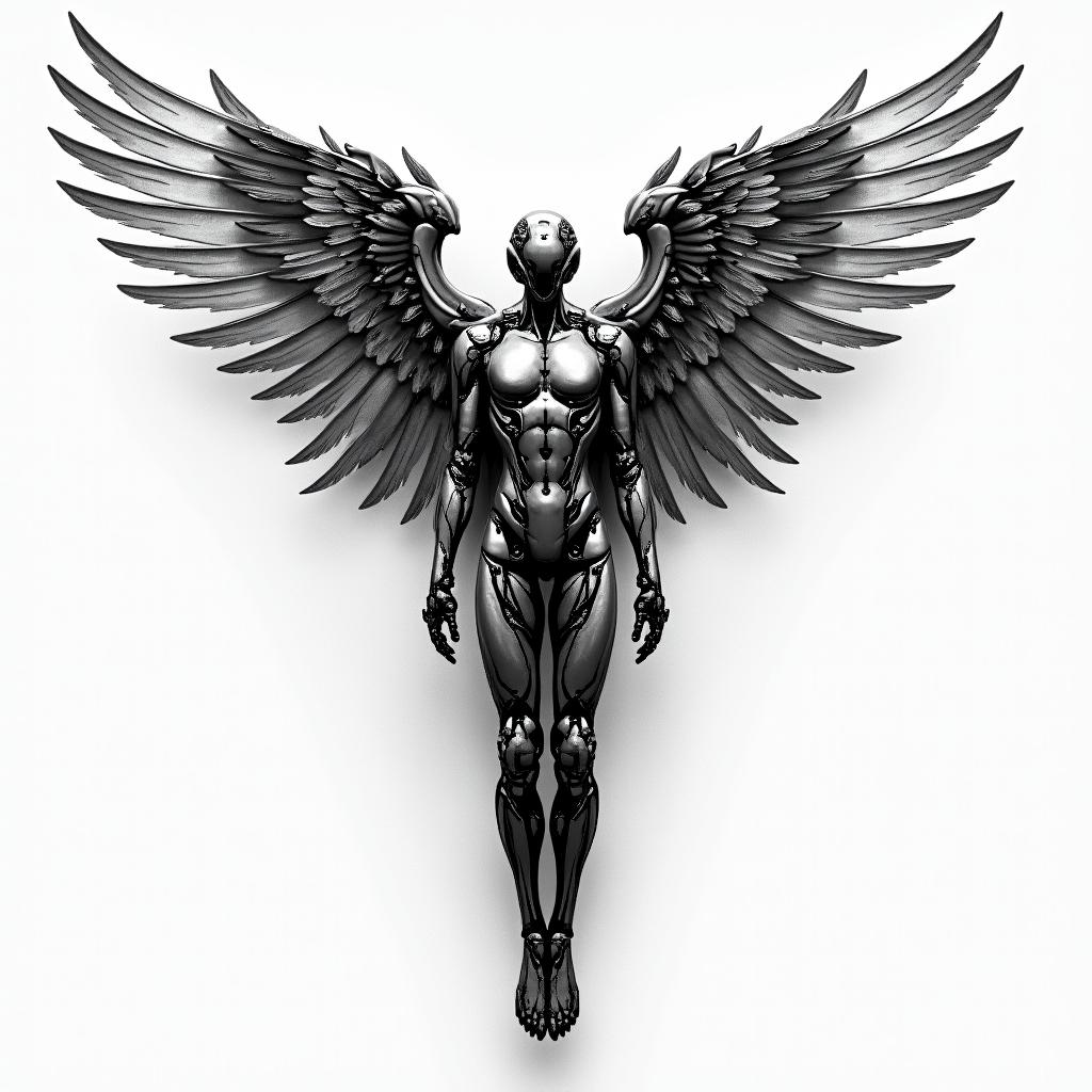 Against broken wings,
A front afraid,
Rise anew.tattoo in biomechanic style, the tattoo covered by robotic elements of futuristic cyberpunk design, robotic features detail, showcasing intricate mechanical components - Variation 1