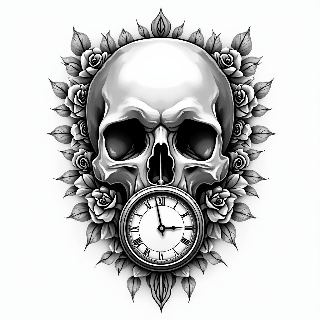 Skull with roses and clock elementstext-based tattoo, japanese font ultra-realistic, perfectly placed, high-quality font design, photo-realistic shading, 8k, high quality, finely detailed typograph - Variation 6