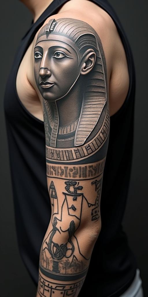 Richardin egyptian style tattoo, bold elements of ancient egyptian culture including a portrait of an Egyptian pharaoh with detailed facial features, in hieroglyphs and symbolic imagery, eye of horus, ankh symbol, scarab beetle - Variation 3