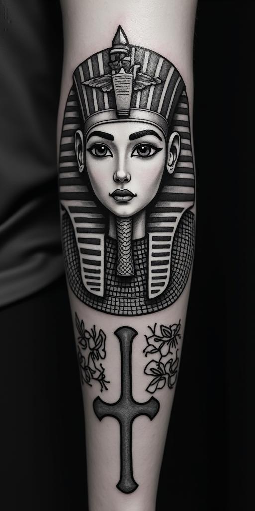 Richardin egyptian style tattoo, bold elements of ancient egyptian culture including a portrait of an Egyptian pharaoh with detailed facial features, in hieroglyphs and symbolic imagery, eye of horus, ankh symbol, scarab beetle - Variation 2