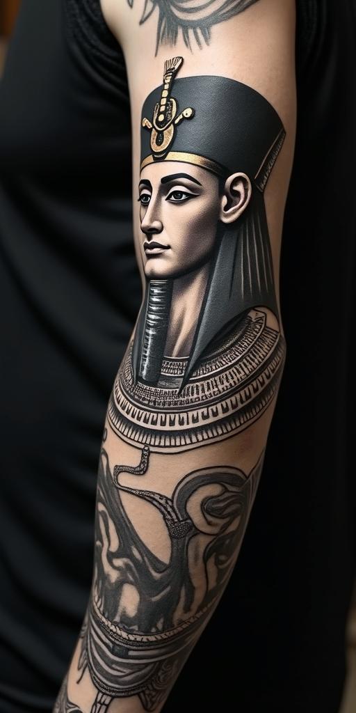 Richardin egyptian style tattoo, bold elements of ancient egyptian culture including a portrait of an Egyptian pharaoh with detailed facial features, in hieroglyphs and symbolic imagery, eye of horus, ankh symbol, scarab beetle - Variation 4