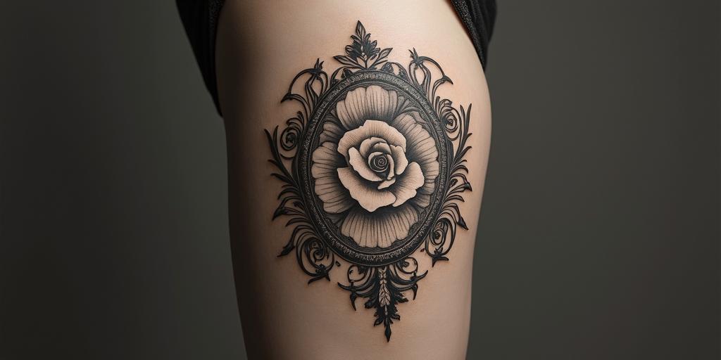 patry, aquarius, zamora (spain)in victorian style tattoo, featuring vintage and elegant elements, ornate frames, roses, antique, sepia-toned color scheme