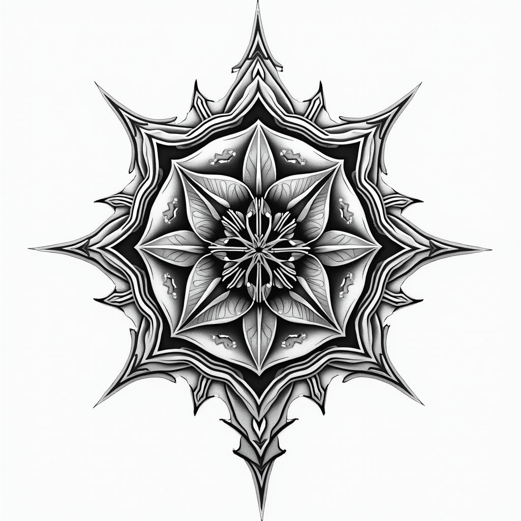 Something significant about my deceased brother is that his profession was a surveyor. in geometric style tattoo, blending hexagons, mandala-inspired patterns, symmetrical and fractal design, clean lines, sharp angles - Variation 6