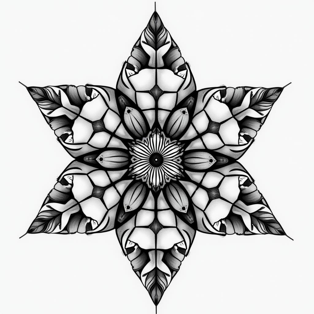 Something significant about my deceased brother is that his profession was a surveyor. in geometric style tattoo, blending hexagons, mandala-inspired patterns, symmetrical and fractal design, clean lines, sharp angles - Variation 7