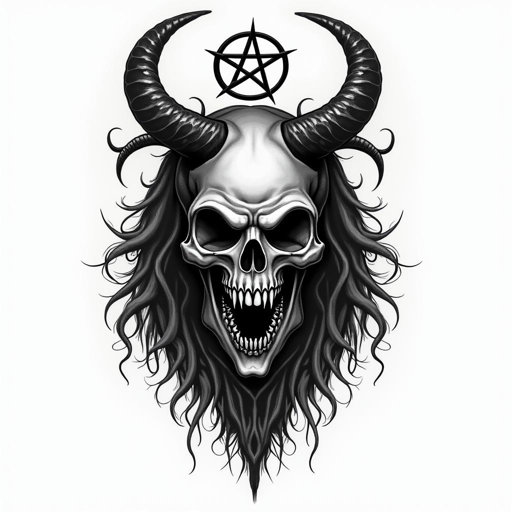 Esoteric Appalachian magic Black woman white womancreepy horror tattoo style, featuring an eerie and unsettling skull of a demonic creature, distorted face with sharp fangs, add pentagram symbol - Variation 4