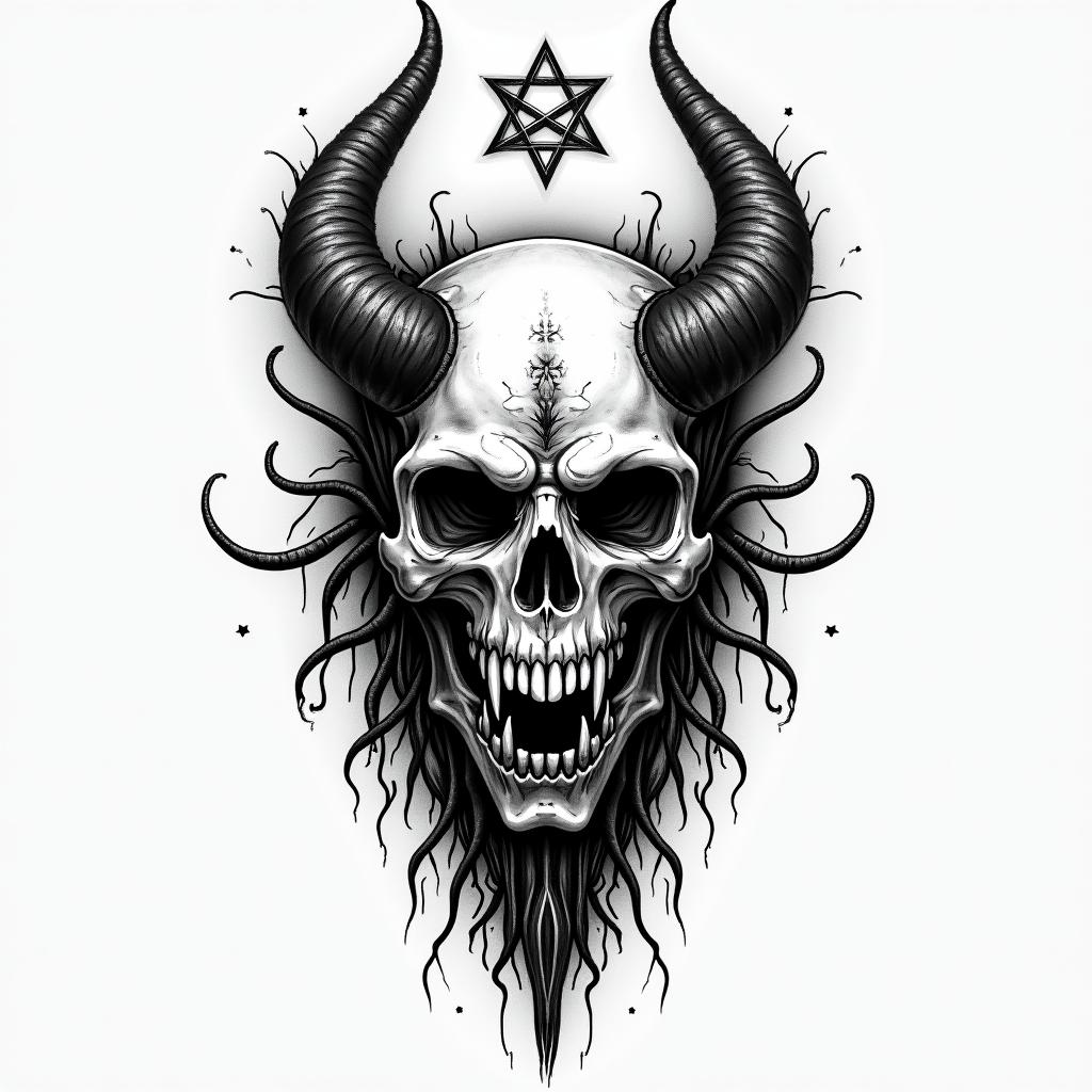 Esoteric Appalachian magic Black woman white womancreepy horror tattoo style, featuring an eerie and unsettling skull of a demonic creature, distorted face with sharp fangs, add pentagram symbol - Variation 3
