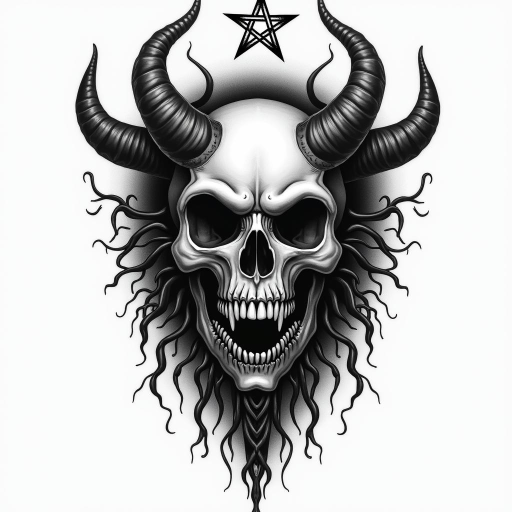 Esoteric Appalachian magic Black woman white womancreepy horror tattoo style, featuring an eerie and unsettling skull of a demonic creature, distorted face with sharp fangs, add pentagram symbol - Variation 2