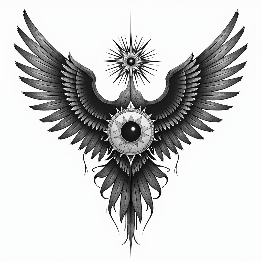 Against broken wings,
A front afraid,
Rise anew.in prophecy tattoo style, featuring mystical symbols, celestial imagery like stars, moons, suns, geometric patterns, foretelling elements, an eye of wisdom - Variation 3