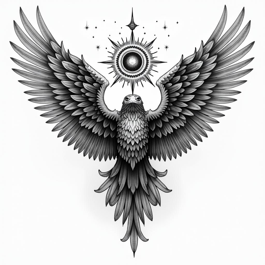 Against broken wings,
A front afraid,
Rise anew.in prophecy tattoo style, featuring mystical symbols, celestial imagery like stars, moons, suns, geometric patterns, foretelling elements, an eye of wisdom - Variation 4