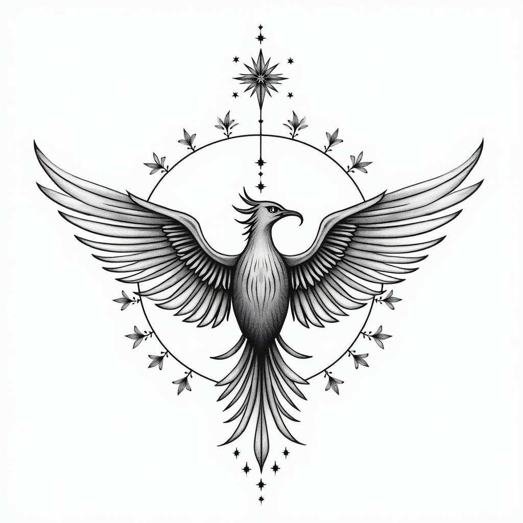 Phoenix mandala with stars and flowerin minimalist style tattoo, featuring simple shapes and fine lines, with minimal shading and details, tiny triangles, creating a sense of balance and harmony