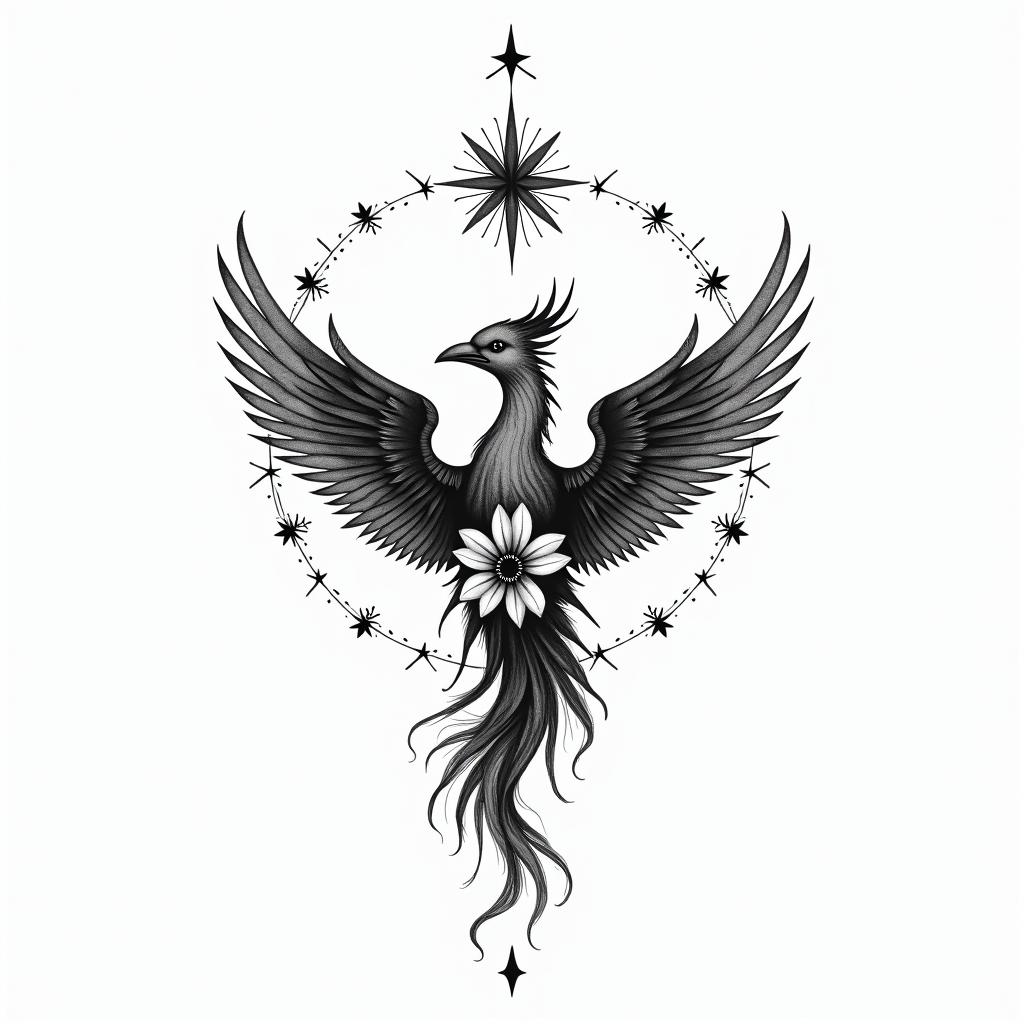 Phoenix mandala with stars and flowerin minimalist style tattoo, featuring simple shapes and fine lines, with minimal shading and details, tiny triangles, creating a sense of balance and harmony - Variation 2
