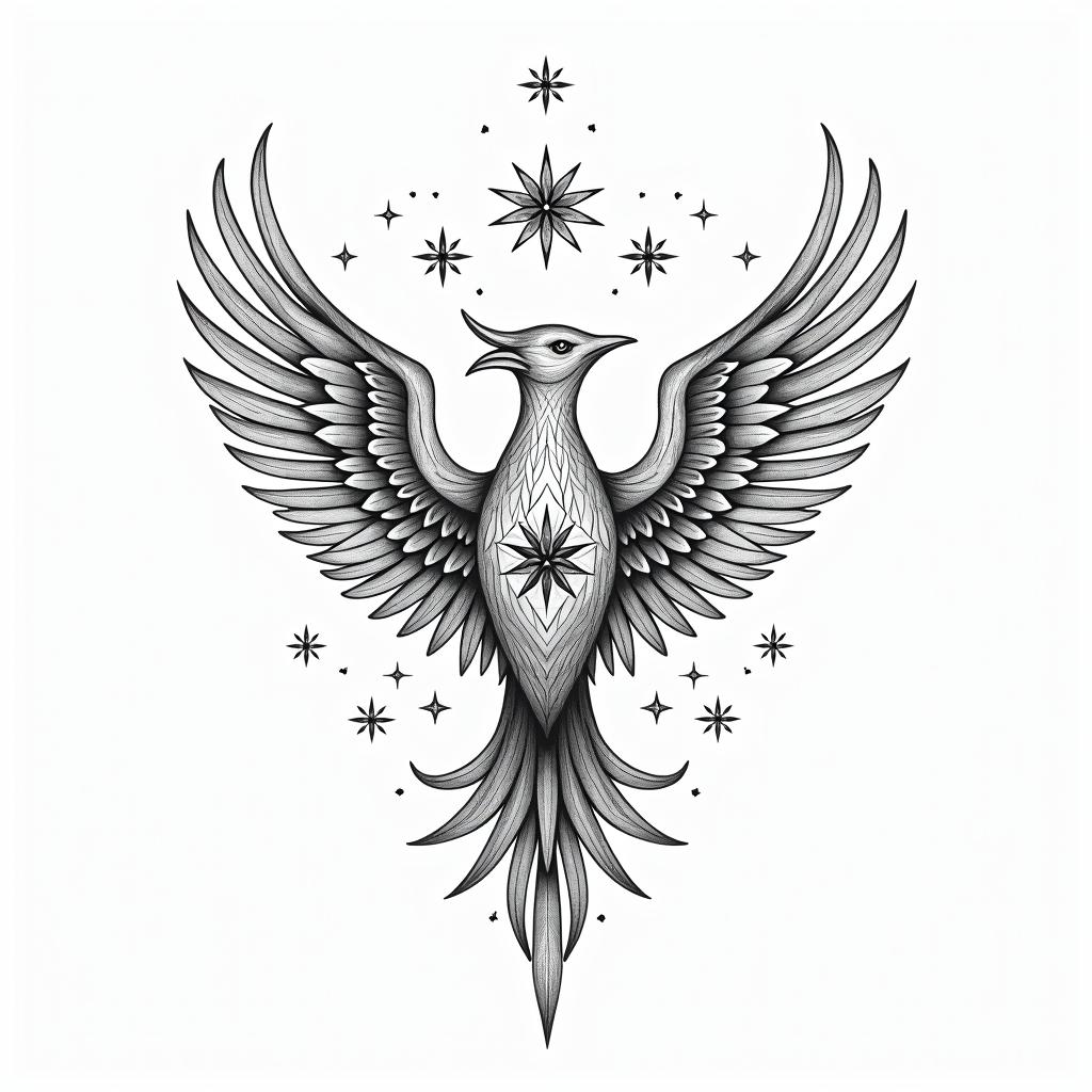 Phoenix mandala with stars and flowerin minimalist style tattoo, featuring simple shapes and fine lines, with minimal shading and details, tiny triangles, creating a sense of balance and harmony - Variation 3