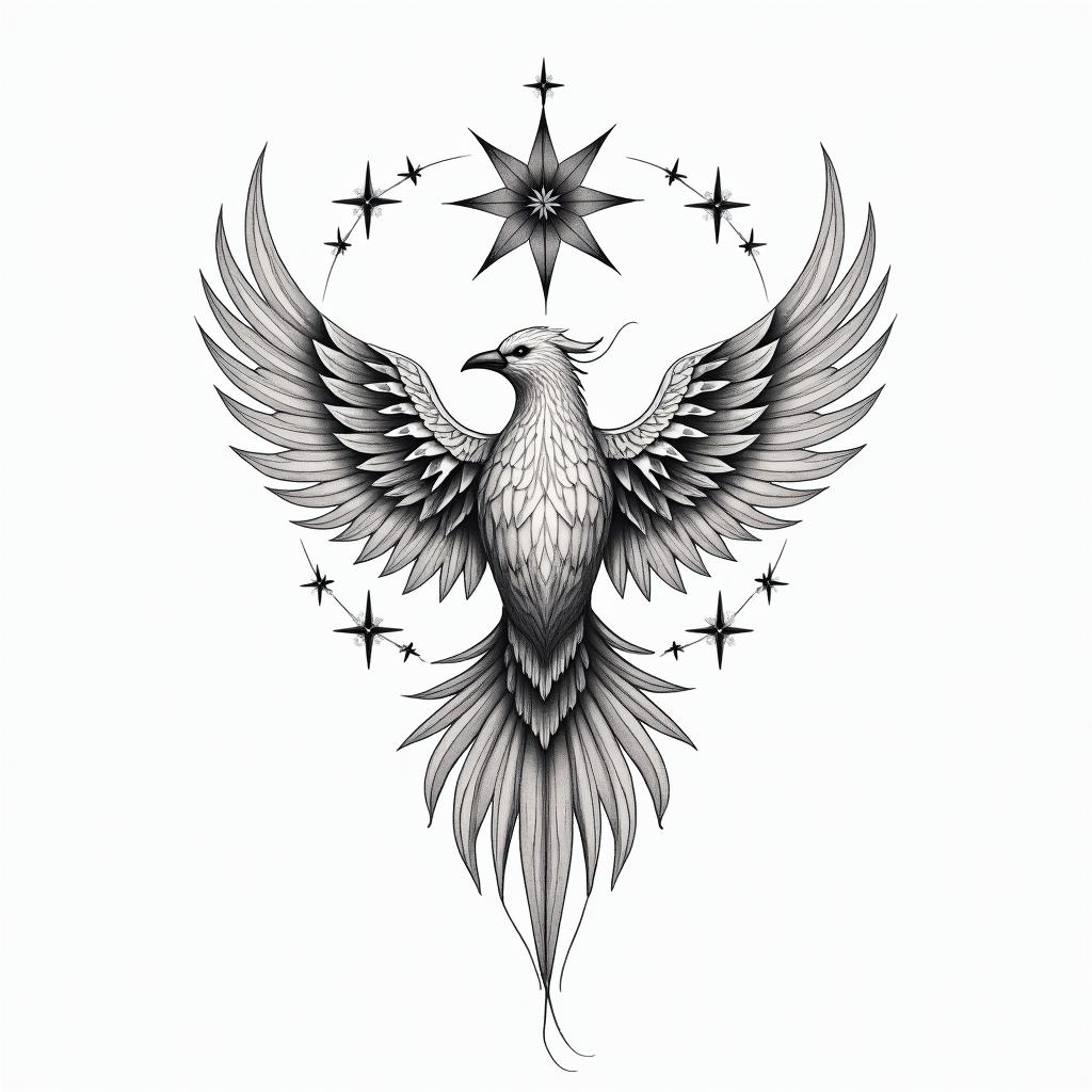 Phoenix mandala with stars and flowerin minimalist style tattoo, featuring simple shapes and fine lines, with minimal shading and details, tiny triangles, creating a sense of balance and harmony - Variation 4