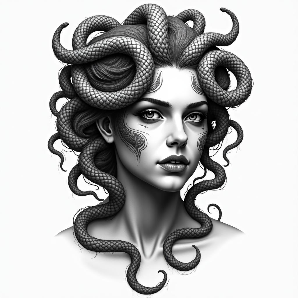 Medusain portrait tattoo style, featuring a highly realistic and detailed depiction 