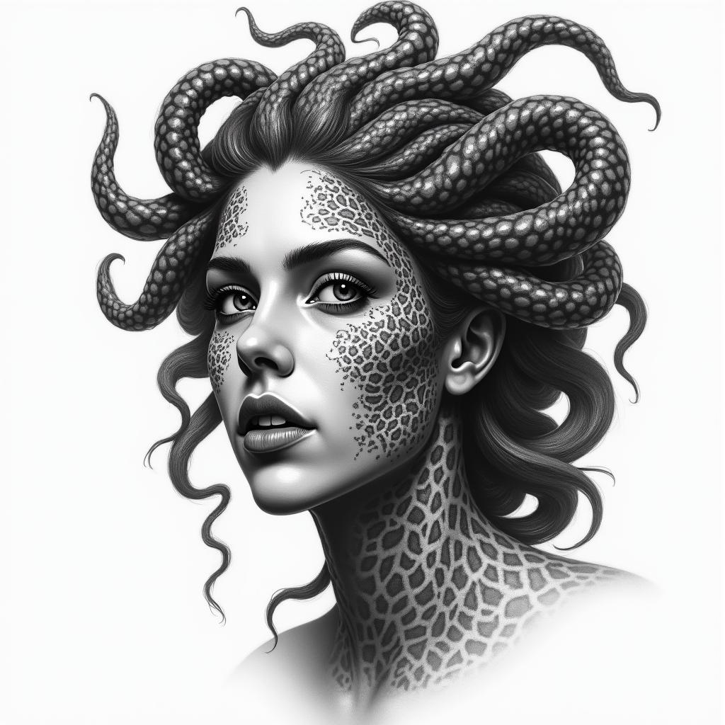 Medusain portrait tattoo style, featuring a highly realistic and detailed depiction  - Variation 2