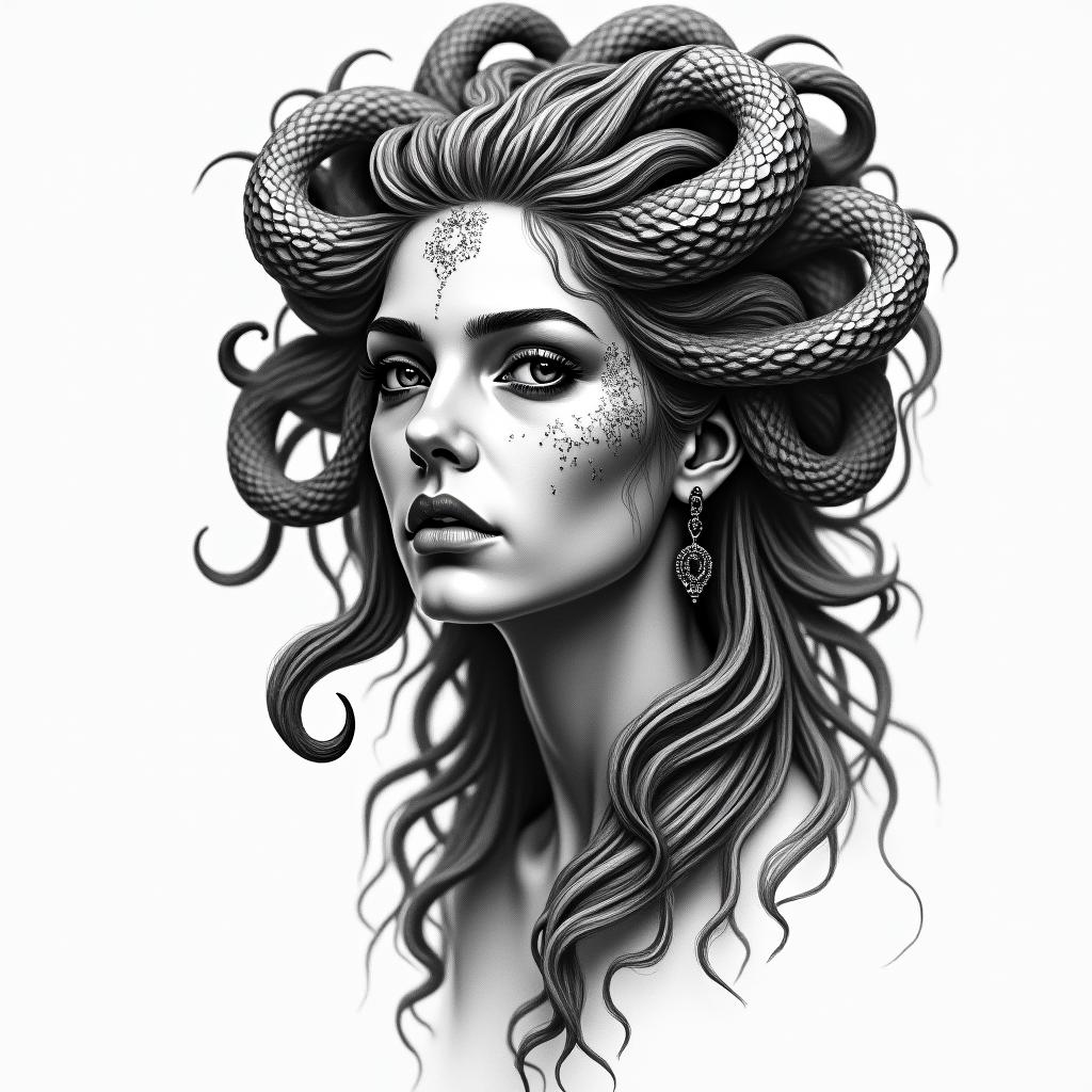Medusain portrait tattoo style, featuring a highly realistic and detailed depiction  - Variation 4