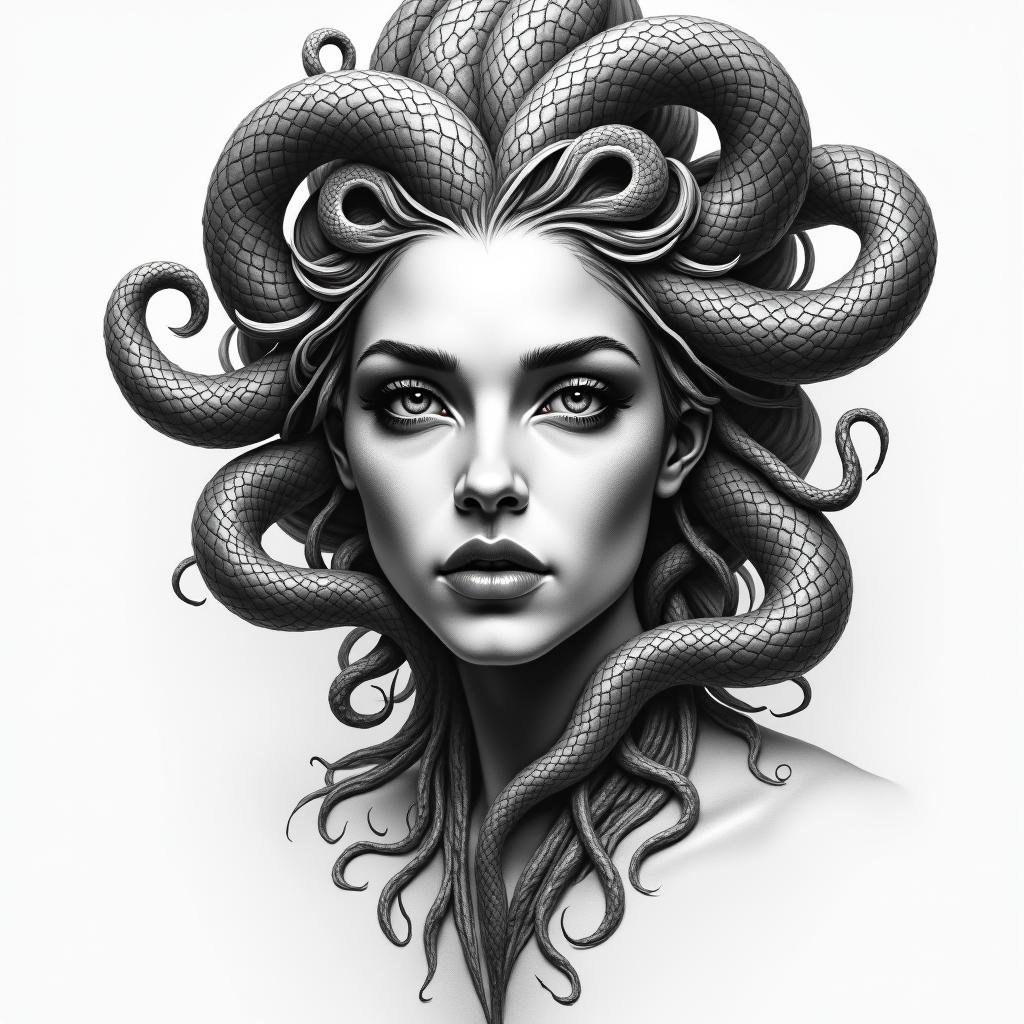 Medusain portrait tattoo style, featuring a highly realistic and detailed depiction  - Variation 3