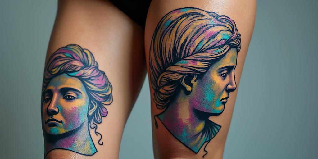 patry, aquarius, Zamora (Spain)in distorted and fragmented tattoo design, featuring a classical statue bust, in a glitch art style with vibrant, overlapping colors of cyan, magenta, and yellow, creating a digital distortion effect - Variation 2