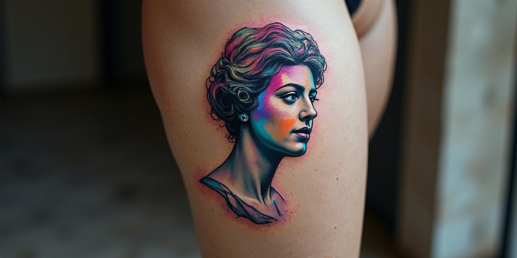 patry, aquarius, Zamora (Spain)in distorted and fragmented tattoo design, featuring a classical statue bust, in a glitch art style with vibrant, overlapping colors of cyan, magenta, and yellow, creating a digital distortion effect