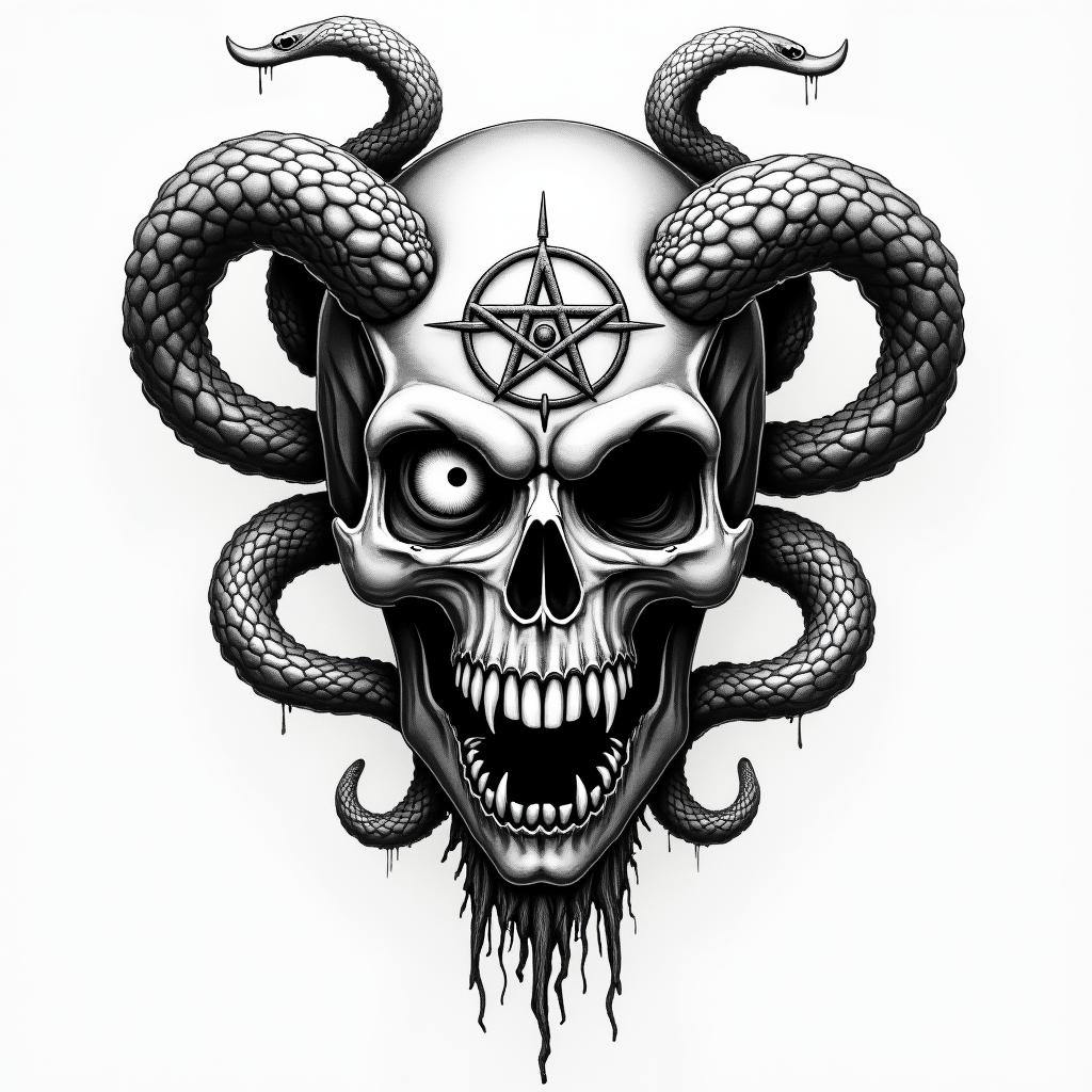 Snakes
 plus all seeing eyecreepy horror tattoo style, featuring an eerie and unsettling skull of a demonic creature, distorted face with sharp fangs, add pentagram symbol - Variation 3