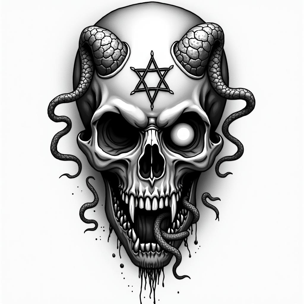 Snakes
 plus all seeing eyecreepy horror tattoo style, featuring an eerie and unsettling skull of a demonic creature, distorted face with sharp fangs, add pentagram symbol - Variation 2