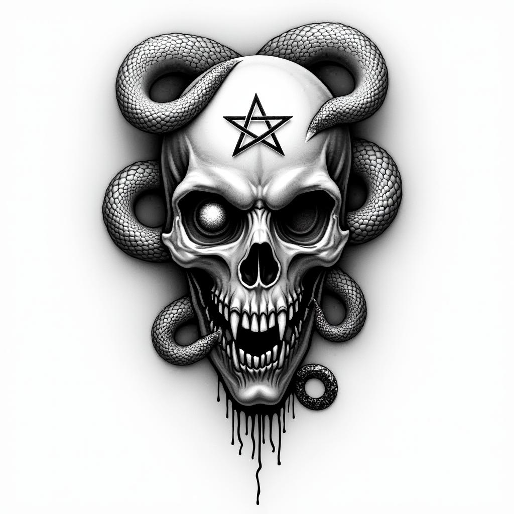 Snakes
 plus all seeing eyecreepy horror tattoo style, featuring an eerie and unsettling skull of a demonic creature, distorted face with sharp fangs, add pentagram symbol - Variation 4