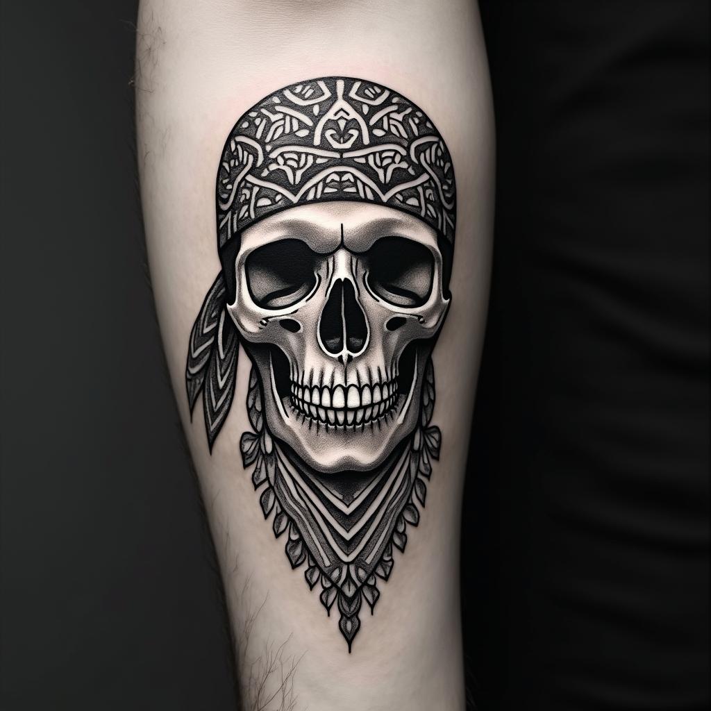 Skull with bandanain ornamental tattoo style, featuring intricate symmetrical patterns and floral designs, showcasing highly detailed line work and geometric shapes, creating a sense of elegance and balance - Variation 8