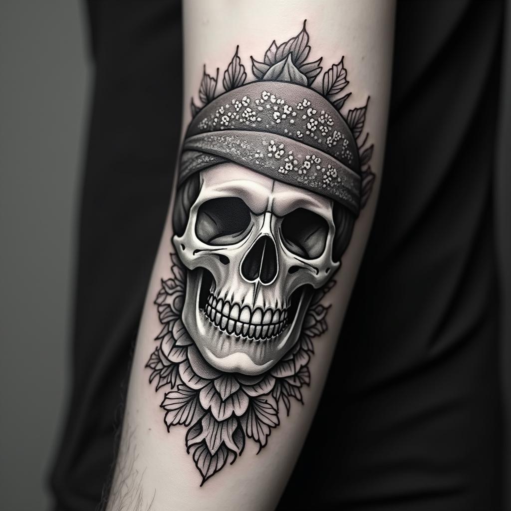 Skull with bandanain ornamental tattoo style, featuring intricate symmetrical patterns and floral designs, showcasing highly detailed line work and geometric shapes, creating a sense of elegance and balance - Variation 7