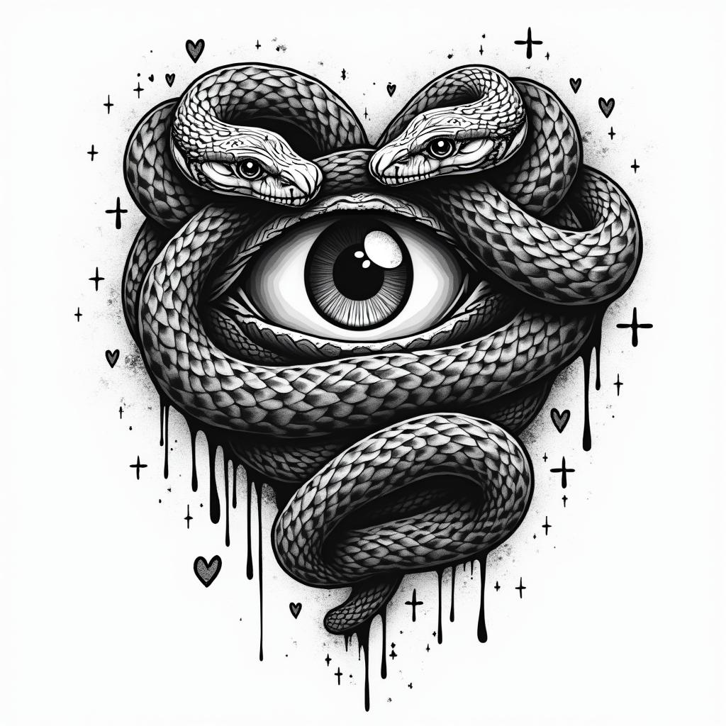 Snakes
plus all seeing eyein graffiti style tattoo, featuring bold and dynamic street art elements, spray-paint texture with exaggerated lines and expressive, chaotic brushstrokes, intricate lettering incorporated with graffiti tags, symbols like hearts, stars, and wings - Variation 3