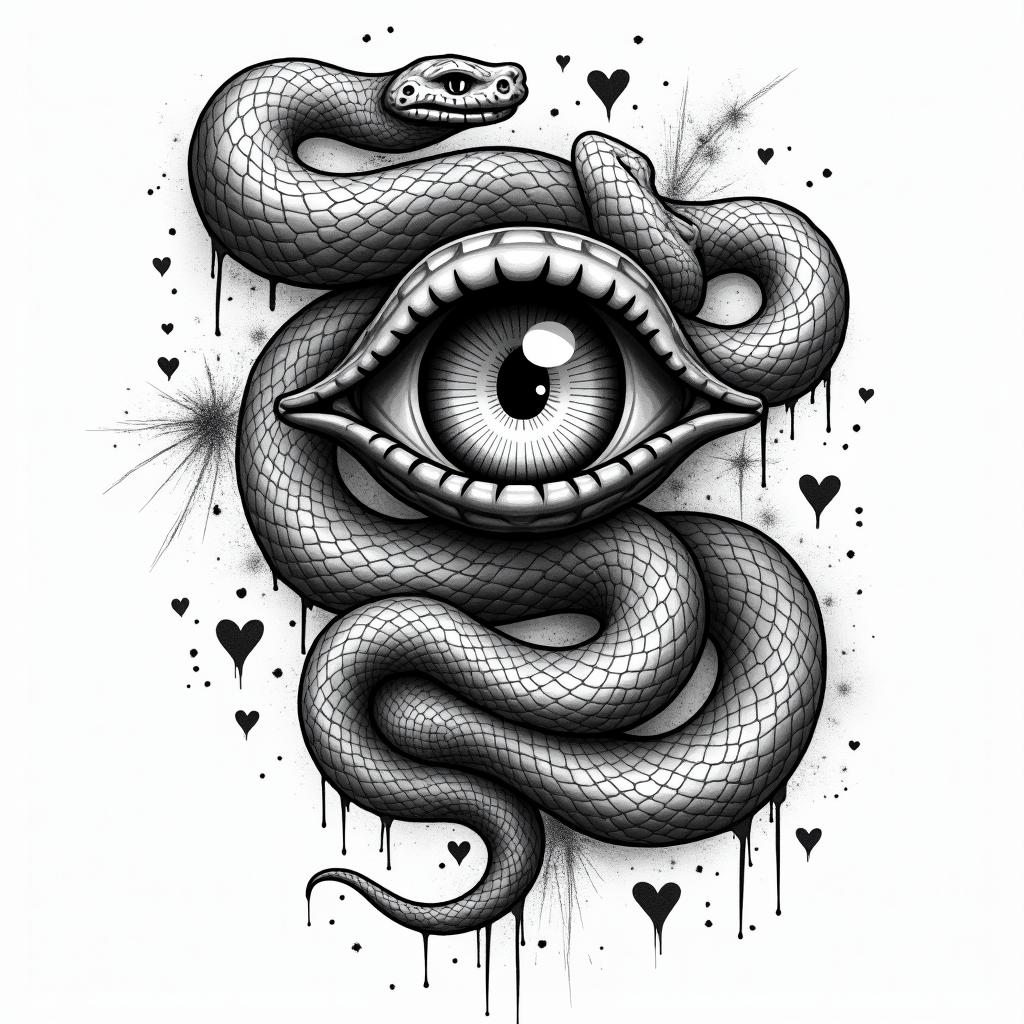 Snakes
plus all seeing eyein graffiti style tattoo, featuring bold and dynamic street art elements, spray-paint texture with exaggerated lines and expressive, chaotic brushstrokes, intricate lettering incorporated with graffiti tags, symbols like hearts, stars, and wings - Variation 2