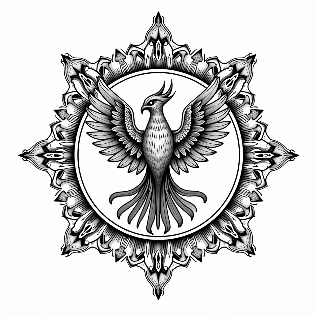 Mandala with phoenix starstext-based tattoo, japanese font ultra-realistic, perfectly placed, high-quality font design, photo-realistic shading, 8k, high quality, finely detailed typograph - Variation 3