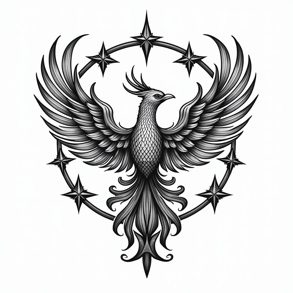 Mandala with phoenix starstext-based tattoo, japanese font ultra-realistic, perfectly placed, high-quality font design, photo-realistic shading, 8k, high quality, finely detailed typograph