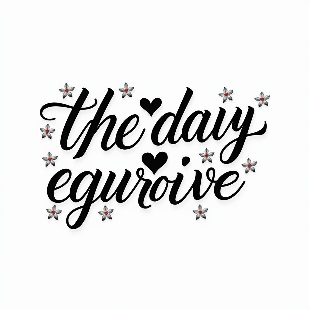 One day I will achieve it.in elegant cursive calligraphy style 2d tattoo, decorate with roses, featuring a smooth and flowing handwritten script with slightly thickened strokes for a luxurious and bold appearance, heart symbol between names, sleek and glossy black text with shadowing, minimalist matte white background, clean and sharp edges, illuminated with soft lighting, romantic, 8k, high-quality textures with refined typography - Variation 4