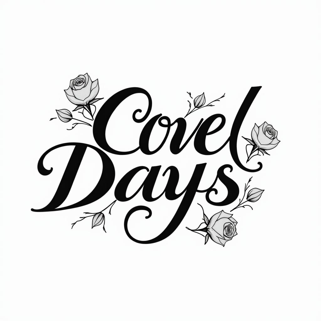One day I will achieve it.in elegant cursive calligraphy style 2d tattoo, decorate with roses, featuring a smooth and flowing handwritten script with slightly thickened strokes for a luxurious and bold appearance, heart symbol between names, sleek and glossy black text with shadowing, minimalist matte white background, clean and sharp edges, illuminated with soft lighting, romantic, 8k, high-quality textures with refined typography - Variation 3