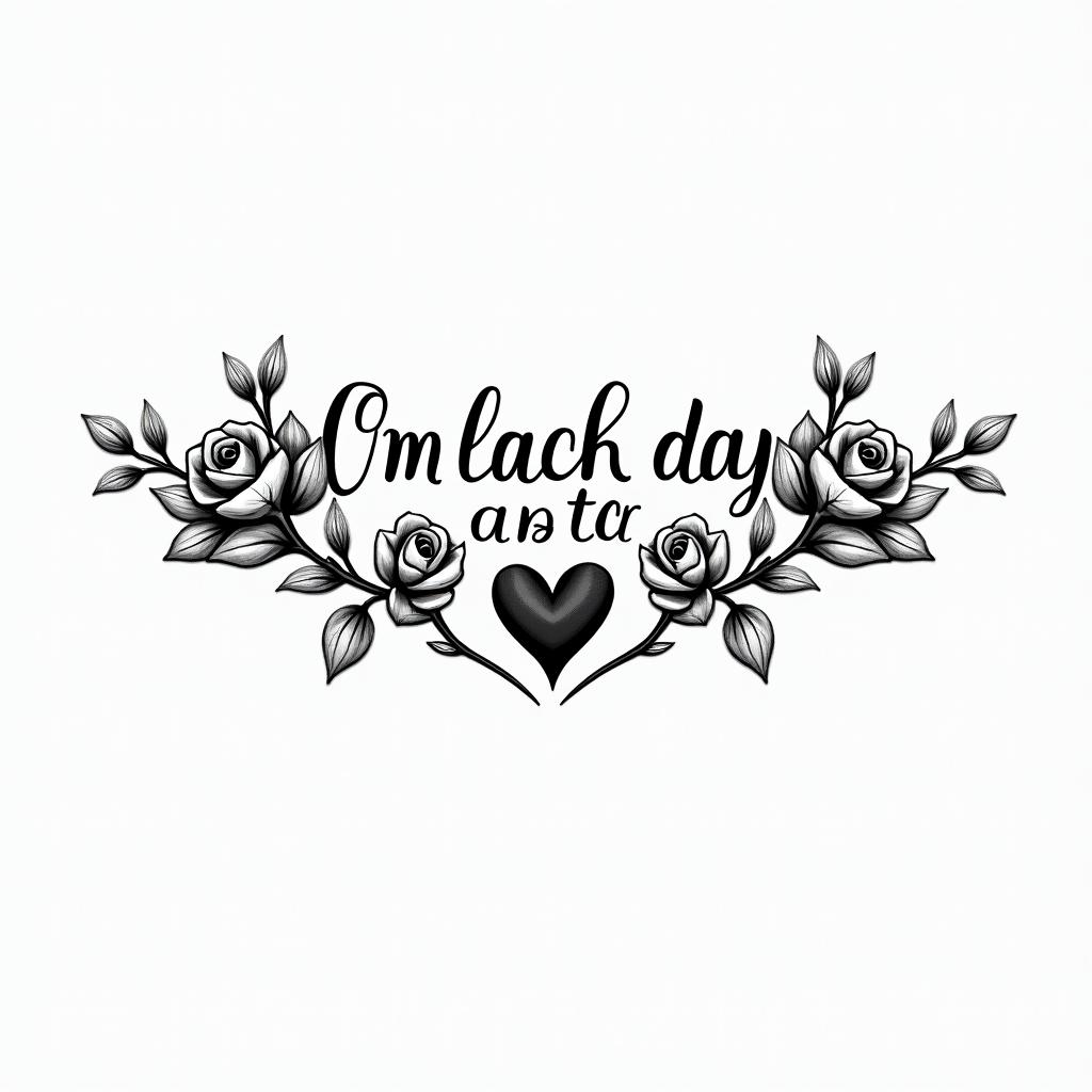 One day I will achieve it.in elegant cursive calligraphy style 2d tattoo, decorate with roses, featuring a smooth and flowing handwritten script with slightly thickened strokes for a luxurious and bold appearance, heart symbol between names, sleek and glossy black text with shadowing, minimalist matte white background, clean and sharp edges, illuminated with soft lighting, romantic, 8k, high-quality textures with refined typography - Variation 2