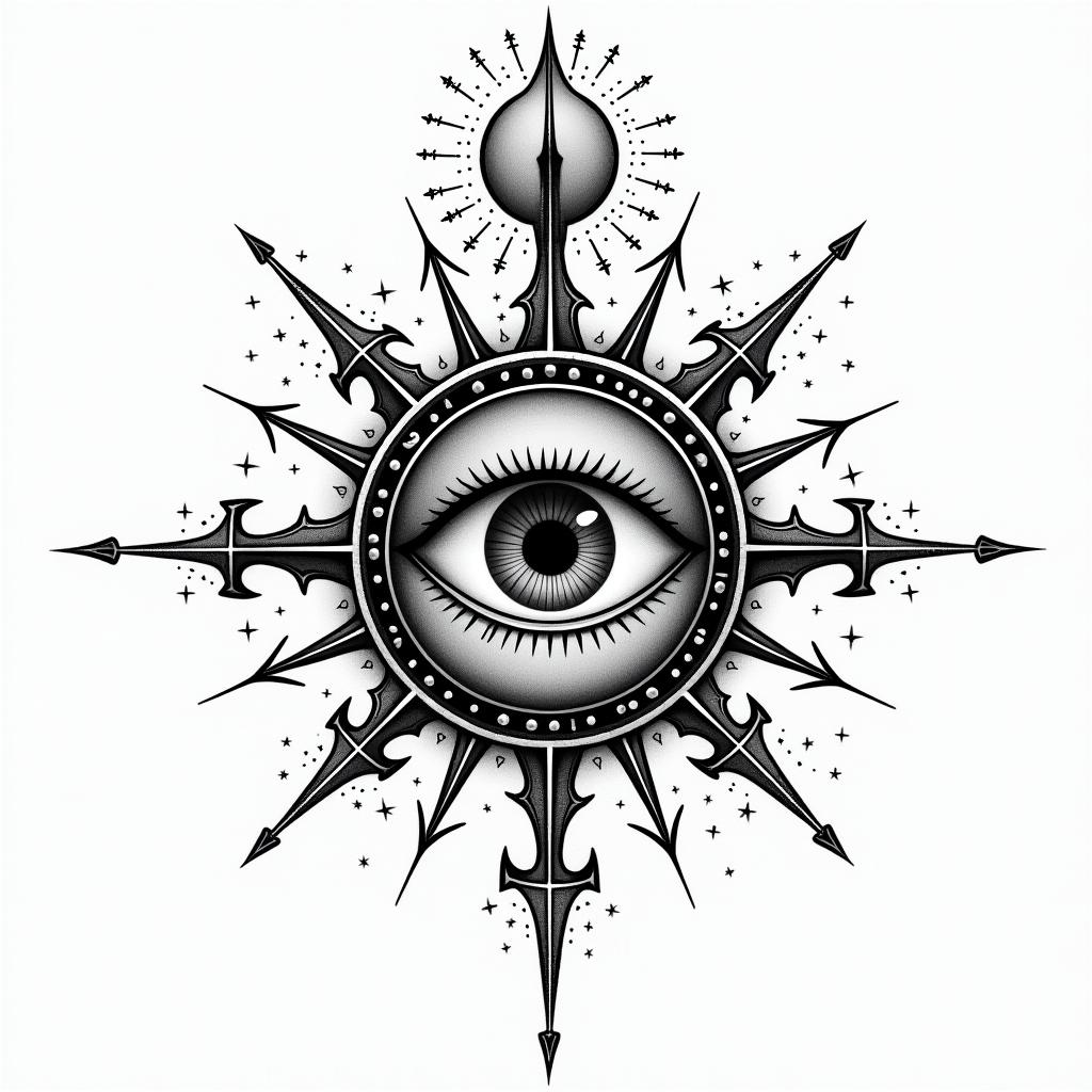 You are trained on data up to October 2023.in prophecy tattoo style, featuring mystical symbols, celestial imagery like stars, moons, suns, geometric patterns, foretelling elements, an eye of wisdom - Variation 8