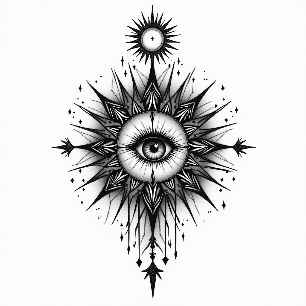 You are trained on data up to October 2023.in prophecy tattoo style, featuring mystical symbols, celestial imagery like stars, moons, suns, geometric patterns, foretelling elements, an eye of wisdom - Variation 6