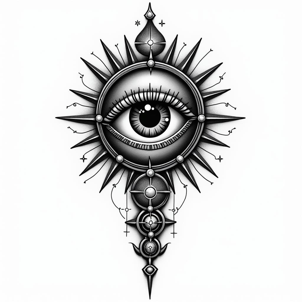 You are trained on data up to October 2023.in prophecy tattoo style, featuring mystical symbols, celestial imagery like stars, moons, suns, geometric patterns, foretelling elements, an eye of wisdom - Variation 7