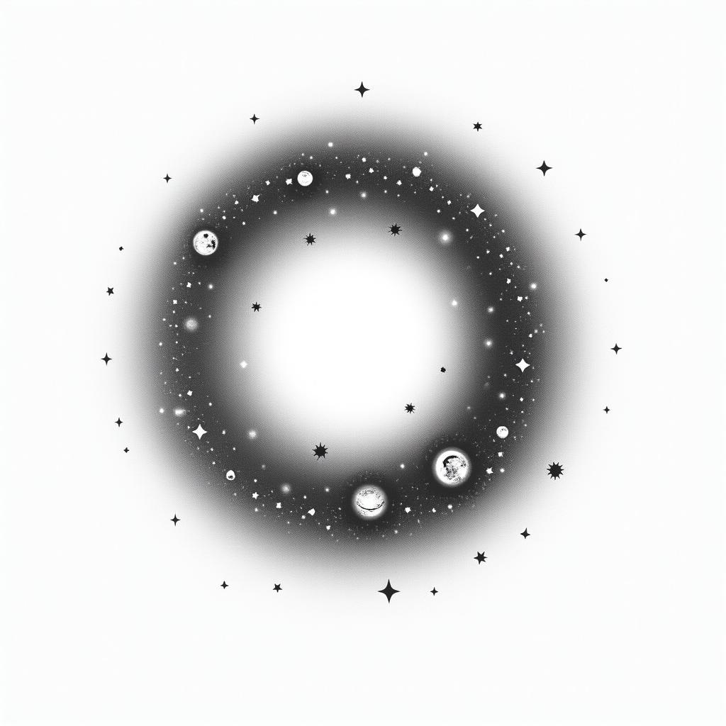 Spiral galaxy with stars and planetsin minimalist style tattoo, featuring simple shapes and fine lines, with minimal shading and details, tiny triangles, creating a sense of balance and harmony - Variation 7