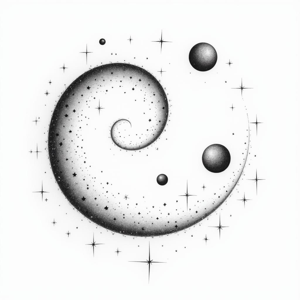 Spiral galaxy with stars and planetsin minimalist style tattoo, featuring simple shapes and fine lines, with minimal shading and details, tiny triangles, creating a sense of balance and harmony - Variation 5