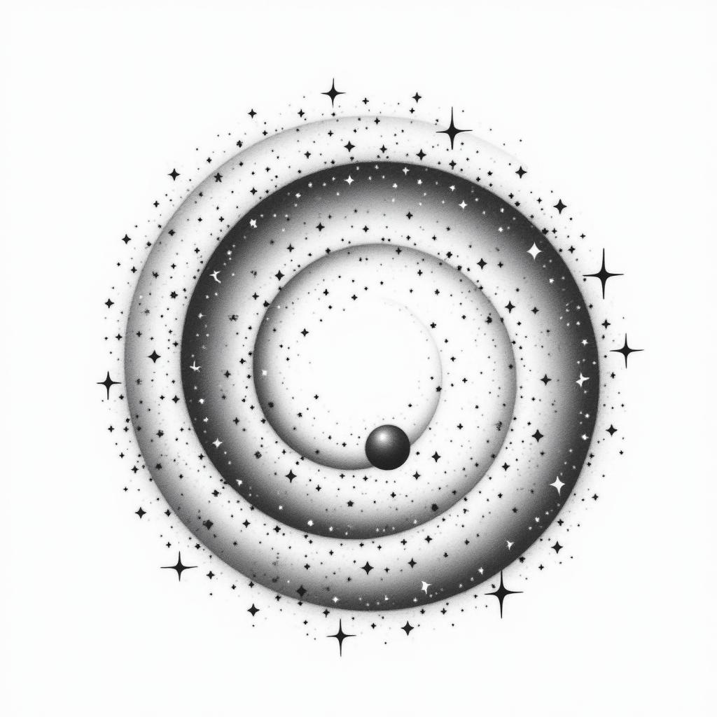 Spiral galaxy with stars and planetsin minimalist style tattoo, featuring simple shapes and fine lines, with minimal shading and details, tiny triangles, creating a sense of balance and harmony - Variation 6