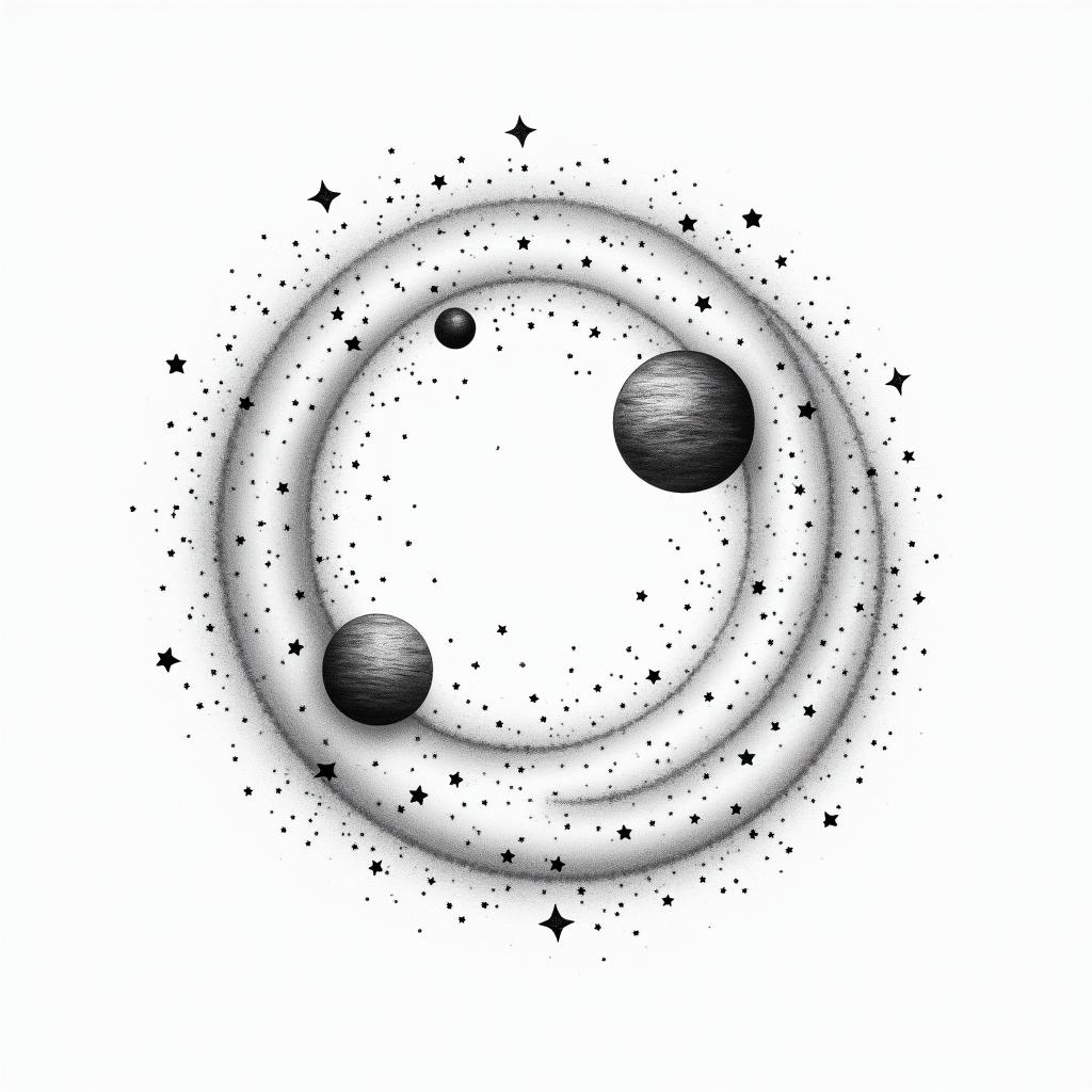 Spiral galaxy with stars and planetsin minimalist style tattoo, featuring simple shapes and fine lines, with minimal shading and details, tiny triangles, creating a sense of balance and harmony - Variation 8