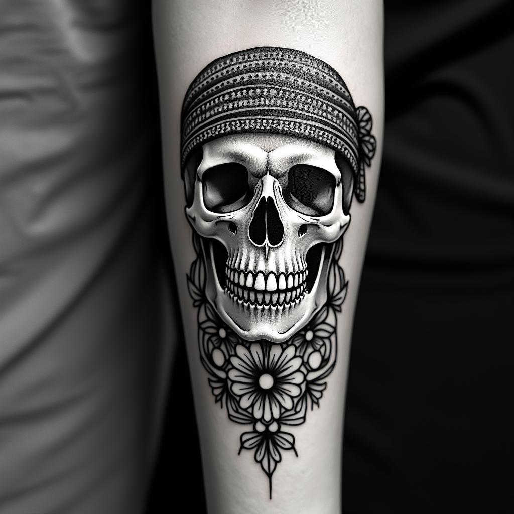 Skull with bandanain ornamental tattoo style, featuring intricate symmetrical patterns and floral designs, showcasing highly detailed line work and geometric shapes, creating a sense of elegance and balance - Variation 2