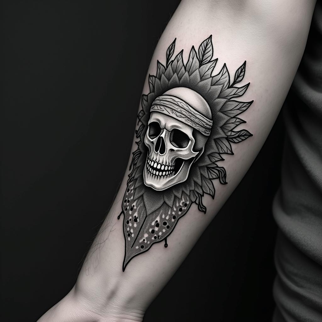 Skull with bandanain ornamental tattoo style, featuring intricate symmetrical patterns and floral designs, showcasing highly detailed line work and geometric shapes, creating a sense of elegance and balance - Variation 3