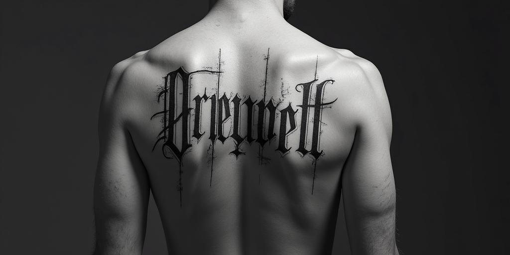 Markus Luciantext-based tattoo, gothic font ultra-realistic, perfectly placed, high-quality font design, photo-realistic shading, 8k, high quality, finely detailed typography - Variation 3