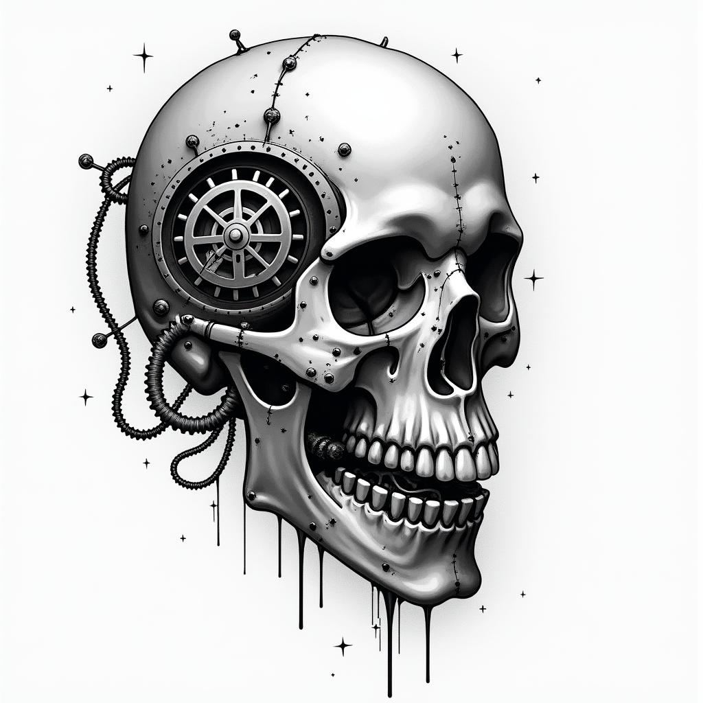 I have integrated the biomechanical style:
Mechanical segmentation of the skull with metal plates and screws.
Intertwined tubes and cables running through the bony structure and connecting to the gear.
Pistons and joints visible at the base of the hourglass, merging the organic and the industrial.
Soft shadows in shades of gray to highlight the depth and volume of the mechanical elements.
Let me know if you want to adjust any details, such as the density of the cables, add textures of rust, or enhance certain elements with touches of color.in graffiti style tattoo, featuring bold and dynamic street art elements, spray-paint texture with exaggerated lines and expressive, chaotic brushstrokes, intricate lettering incorporated with graffiti tags, symbols like hearts, stars, and wings - Variation 1