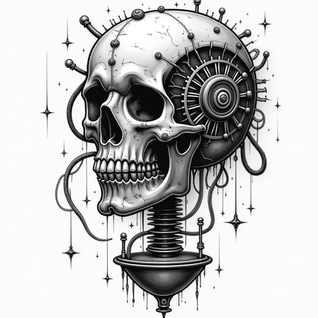 I have integrated the biomechanical style:
Mechanical segmentation of the skull with metal plates and screws.
Intertwined tubes and cables running through the bony structure and connecting to the gear.
Pistons and joints visible at the base of the hourglass, merging the organic and the industrial.
Soft shadows in shades of gray to highlight the depth and volume of the mechanical elements.
Let me know if you want to adjust any details, such as the density of the cables, add textures of rust, or enhance certain elements with touches of color.in graffiti style tattoo, featuring bold and dynamic street art elements, spray-paint texture with exaggerated lines and expressive, chaotic brushstrokes, intricate lettering incorporated with graffiti tags, symbols like hearts, stars, and wings - Variation 4