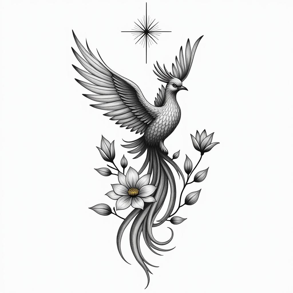 a fine, poetic and symbolic design representing a stylized phoenix – a symbol of rebirth and transformation. I would like this phoenix to be surrounded by flowers (lotus, magnolia) and delicate foliage, with a very feminine, modern, and light line.
The tattoo will also have a strong personal dimension:
• A lotus flower with the letter M integrated to represent my daughter Margot (born on 10/05/2016).
• A feather transforming into a constellation with a discreet W for my son William (born on 07/04/2015).
Finally, I would like to integrate a small discreet phrase separately or below:
"I rose quietly, but forever."higly detailed tattoo - Variation 2